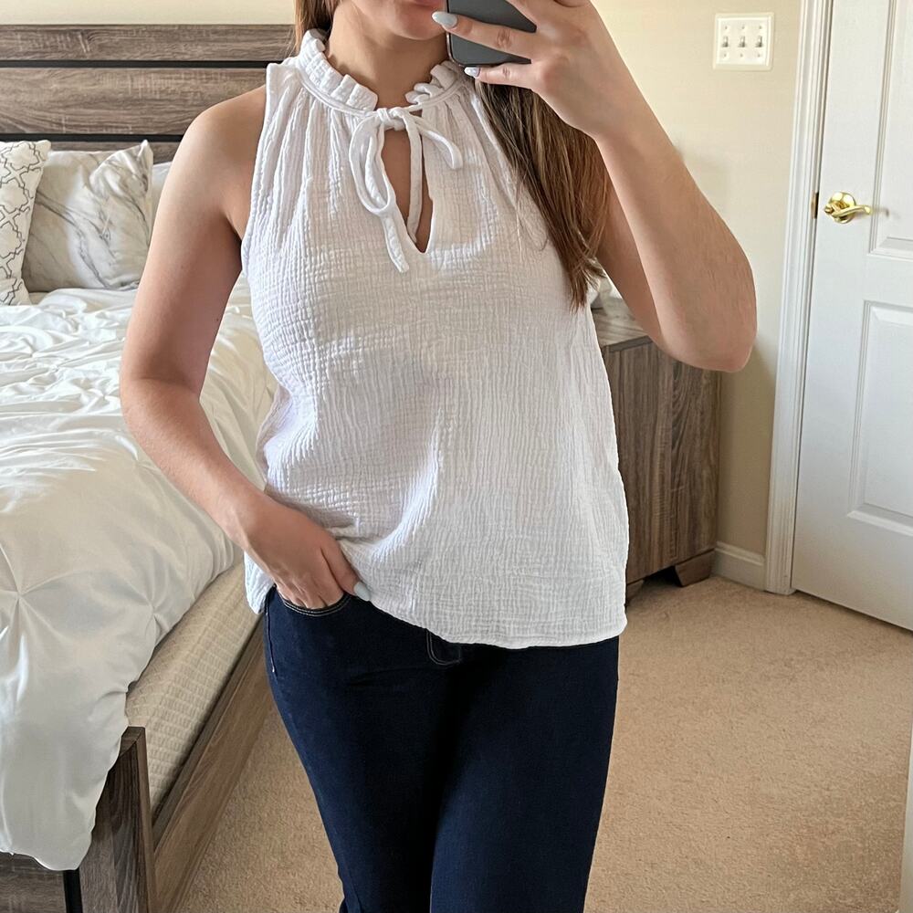 Joie White Cotton Gauze Sleeveless Top Medium Ruffle Tie Neck